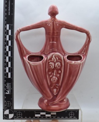 Weller Lavonia Art Nouveau monochrome lady 10" dbl. bud vase, reddish - 4