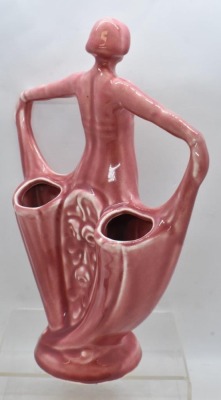 Weller Lavonia Art Nouveau monochrome lady 10" dbl. bud vase, reddish - 5