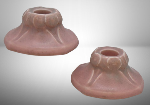 Pair of mrkd. Rookwood 1.75"h candleholders, Shape #2633, matte pink