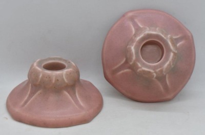 Pair of mrkd. Rookwood 1.75"h candleholders, Shape #2633, matte pink - 2