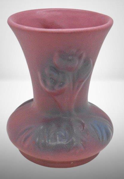 Van Briggle 5"h vase, embossed Tulips, maroon w/ blue overshot