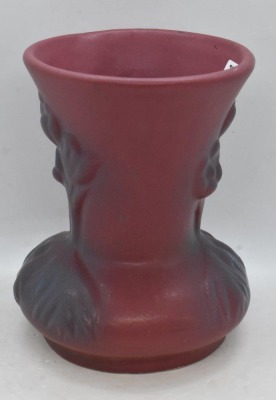 Van Briggle 5"h vase, embossed Tulips, maroon w/ blue overshot - 2