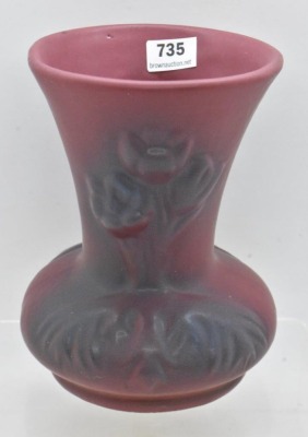 Van Briggle 5"h vase, embossed Tulips, maroon w/ blue overshot - 3