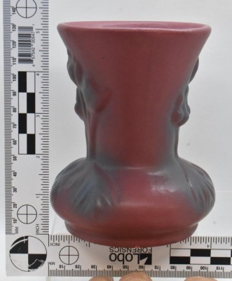 Van Briggle 5"h vase, embossed Tulips, maroon w/ blue overshot - 4