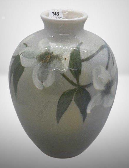 Mrkd. Rookwood Art Pottery 8.5" Iris glaze vase, white flower design