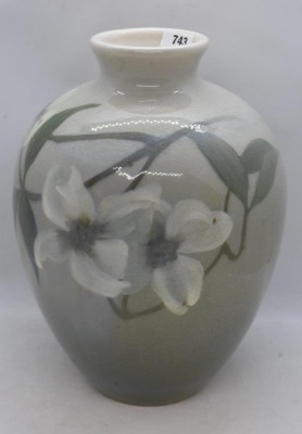 Mrkd. Rookwood Art Pottery 8.5" Iris glaze vase, white flower design - 2