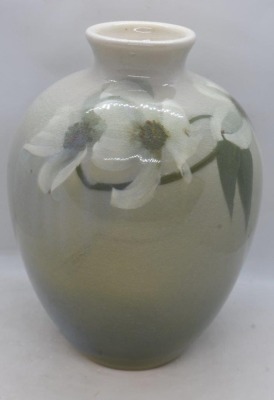 Mrkd. Rookwood Art Pottery 8.5" Iris glaze vase, white flower design - 4