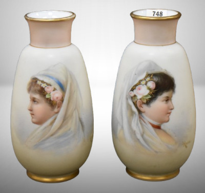 Pair of opaline portrait 7"h vases in style of Josef Ahne