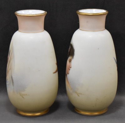 Pair of opaline portrait 7"h vases in style of Josef Ahne - 2