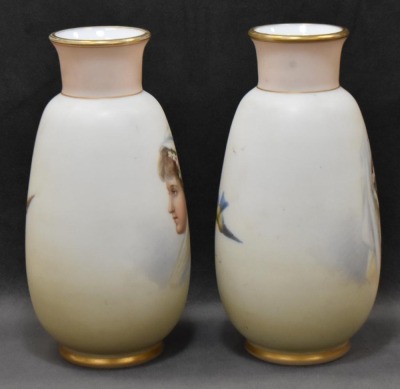 Pair of opaline portrait 7"h vases in style of Josef Ahne - 4