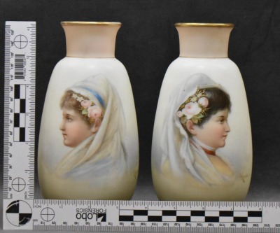 Pair of opaline portrait 7"h vases in style of Josef Ahne - 14