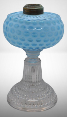 Hobbs No. 326 Windows/ Coin Dot kerosene stand lamp, blue opal., 8.25"