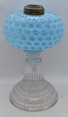 Hobbs No. 326 Windows/ Coin Dot kerosene stand lamp, blue opal., 8.25" - 2