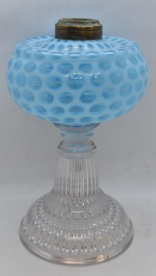 Hobbs No. 326 Windows/ Coin Dot kerosene stand lamp, blue opal., 8.25" - 3