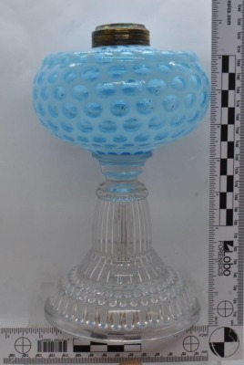 Hobbs No. 326 Windows/ Coin Dot kerosene stand lamp, blue opal., 8.25" - 4