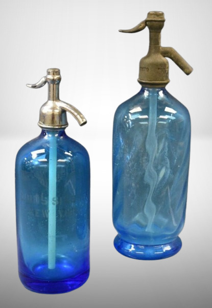 (2) Vintage blue seltzer bottles: Louis Sisskin, NY; Limoges