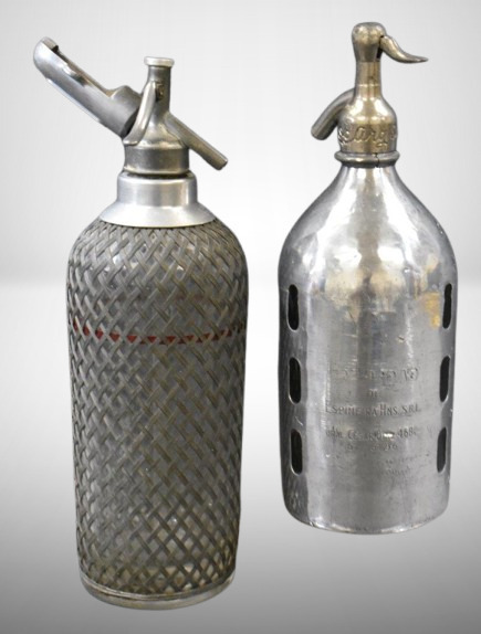 (2) Vintage seltzer bottles: "Sparklet" w/ wire mesh; ESP ORG sida