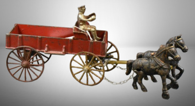 Cast Iron horse-drawn red farm wagon w/ driver, 14"l