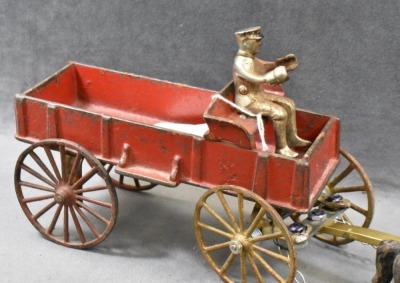 Cast Iron horse-drawn red farm wagon w/ driver, 14"l - 2