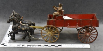 Cast Iron horse-drawn red farm wagon w/ driver, 14"l - 6