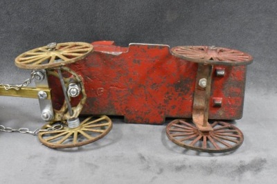 Cast Iron horse-drawn red farm wagon w/ driver, 14"l - 7