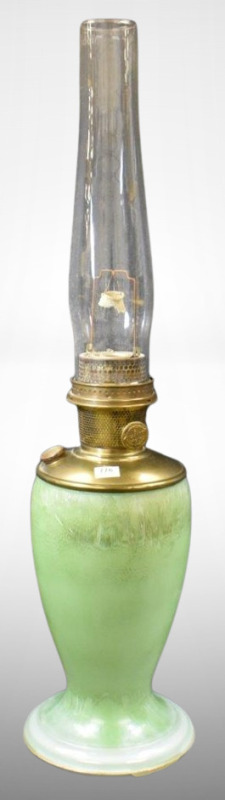 Aladdin Model 12 glass kerosene lamp, Style 1243 Green Venetian Art-Craft, clear w/ green finish inside, 11"t