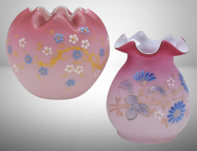 (2) Pink Cased satin glass pcs. w/ enameled flowers