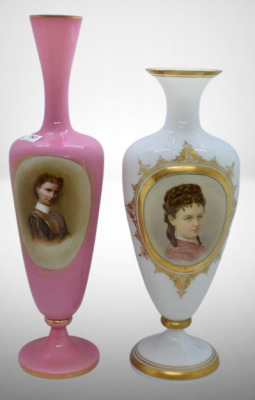 (2) Victorian Bristol glass portrait vases, 11.5" and 13.5"