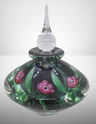 Signed Vandermark Art Glass 5.25" floral perfume bottle