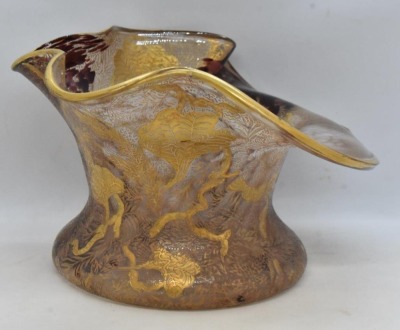 Art Glass 5"h x 8.5"d Jack-in-the-Pulpit bowl, unique stippled-like exterior gold and wind patterns - 3