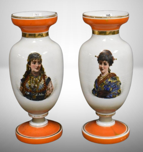 (2) Victorian Bristol 13"h portrait vases