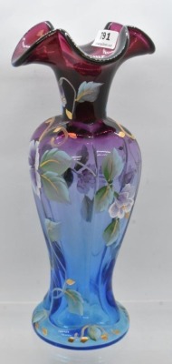 Fenton Art Glass HP floral 9" vase, mulberry - 2