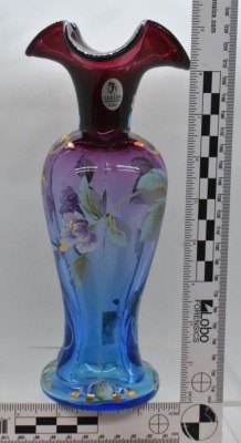 Fenton Art Glass HP floral 9" vase, mulberry - 4