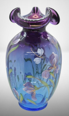 Fenton Art Glass HP Iris 10" vase, mulberry