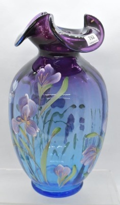 Fenton Art Glass HP Iris 10" vase, mulberry - 2