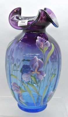 Fenton Art Glass HP Iris 10" vase, mulberry - 3