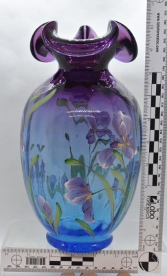 Fenton Art Glass HP Iris 10" vase, mulberry - 4