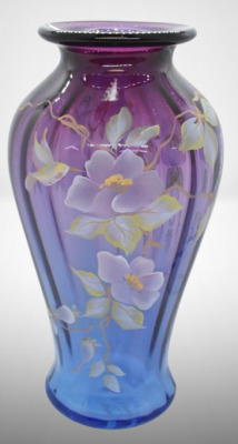 Fenton Art Glass HP Morning Glories 9.5" vase, mulberry