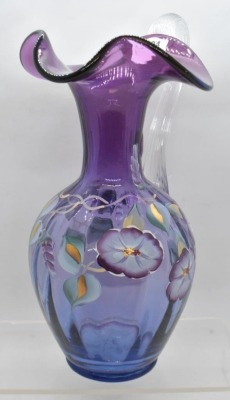 Fenton Art Glass HP floral 9.5" pitcher, mulberry - 2