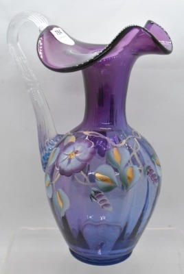 Fenton Art Glass HP floral 9.5" pitcher, mulberry - 3