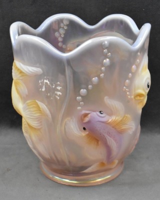 Fenton Art Glass irid. Rosalene 6.5" vase, Atlantis Koi - 2