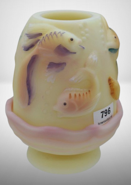 Fenton Burmese Art Glass 2 pc. 4.5" fairy lamp, Atlantis Koi