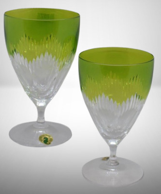 (2) Mrkd. Waterford Mixology green crystal stem goblets, 6"