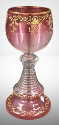 Moser cranberry 10" chalice w/ enameled gold designs