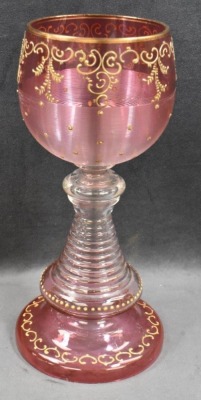 Moser cranberry 10" chalice w/ enameled gold designs - 2