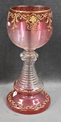 Moser cranberry 10" chalice w/ enameled gold designs - 3