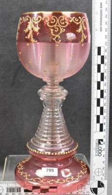 Moser cranberry 10" chalice w/ enameled gold designs - 4