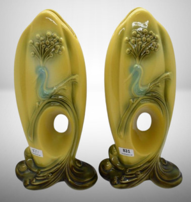 Pair of Hull #73 Peacock see-through 10" vases, green/ yellow