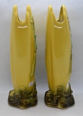 Pair of Hull #73 Peacock see-through 10" vases, green/ yellow - 3