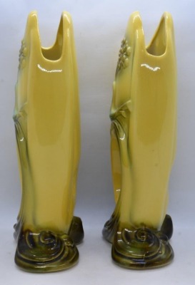 Pair of Hull #73 Peacock see-through 10" vases, green/ yellow - 6